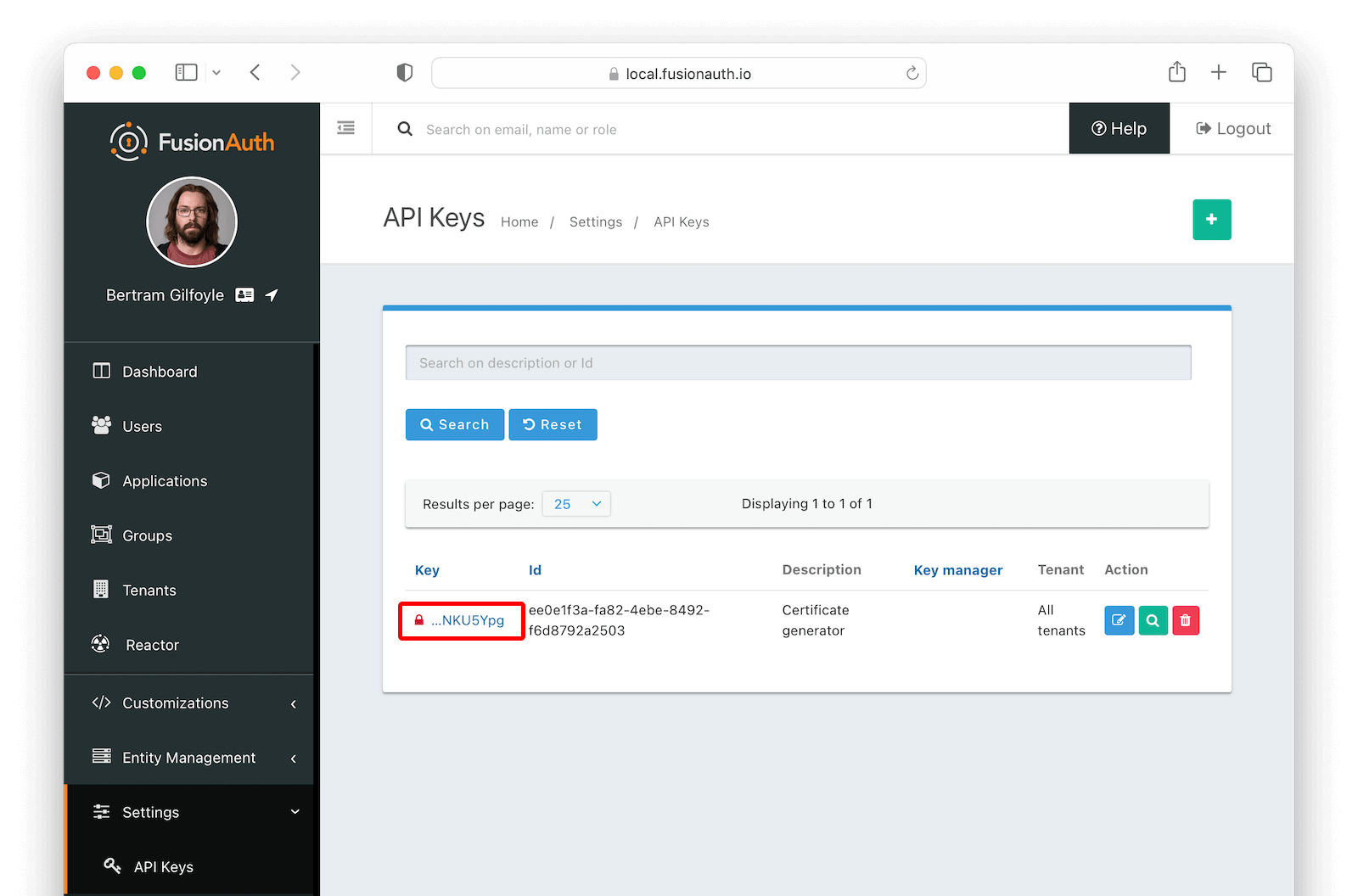 Copying the API key value.